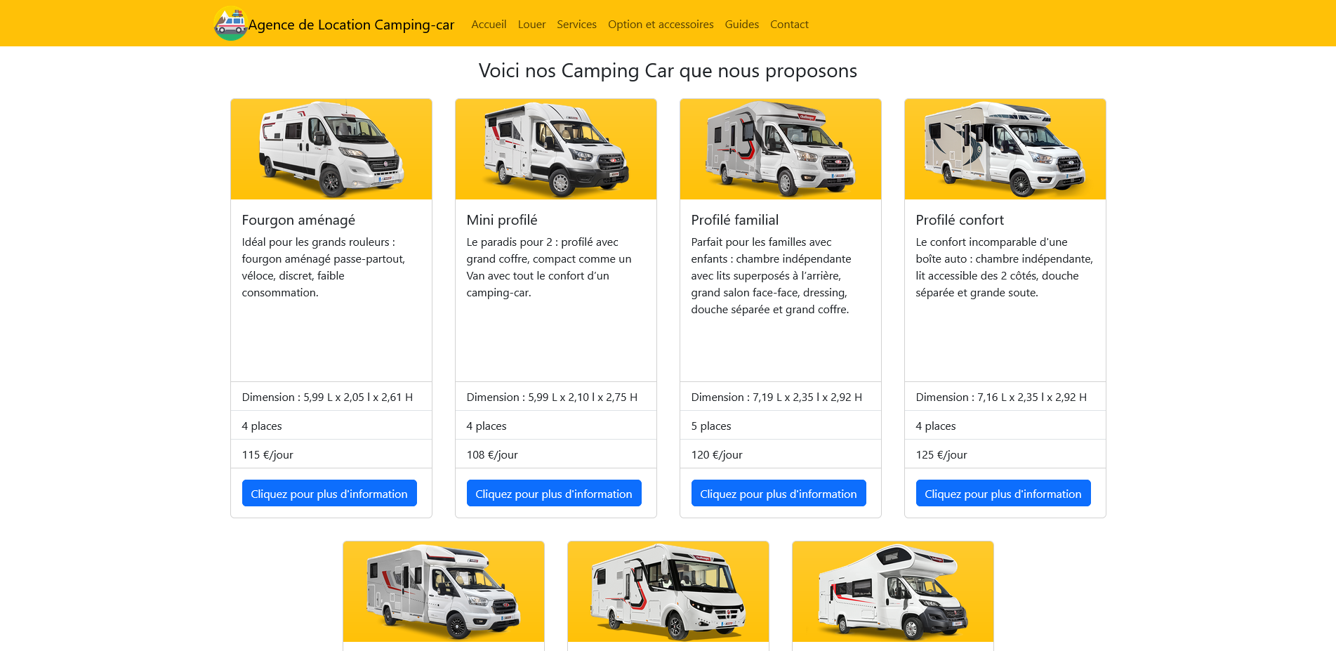 Page de location de Agence de location de camping-car